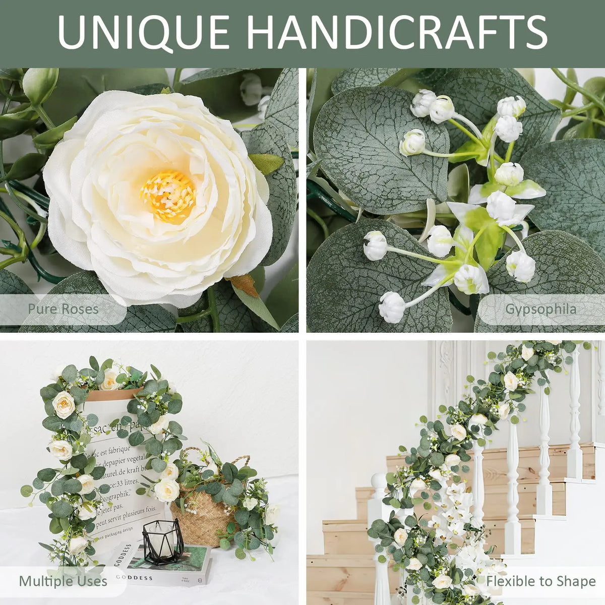 Artificial eucalyptus and rose garland with greenery featuring white roses and silvery-green leaves
