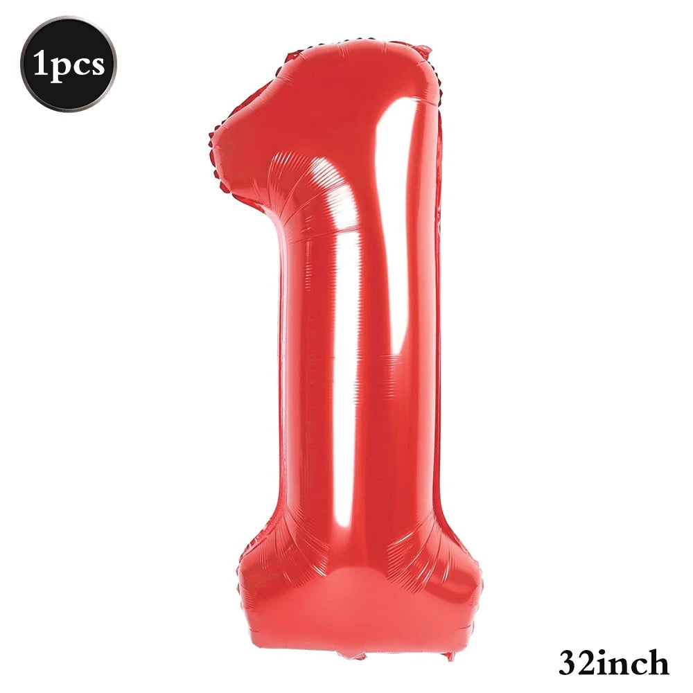 A single red foil balloon shaped like the number one, measuring 32 inches.