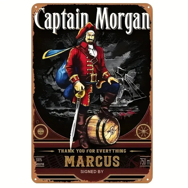 Vintage beer metal tin sign featuring a portrait of Captain Morgan and the text Thank you for everything Marcus