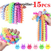 A set of 15 colorful caterpillar-shaped stretch sensory fidget toys in various bright colors.