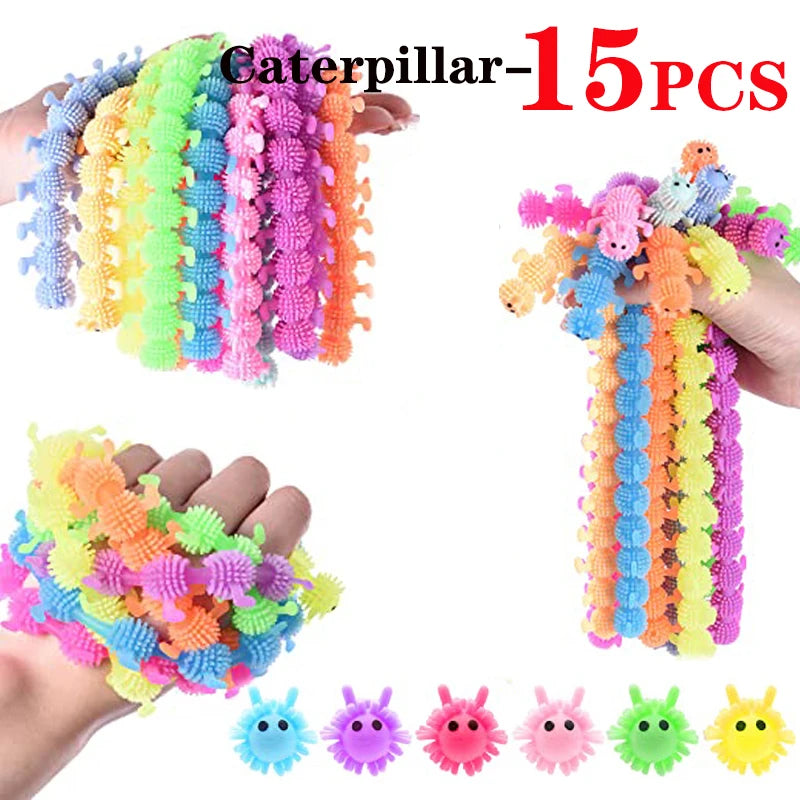 A set of 15 colorful caterpillar-shaped stretch sensory fidget toys in various bright colors.