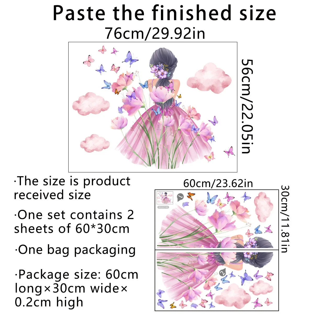 Taille finie de l'ensemble de décoration murale en forme de papillon, montrant le design et les dimensions de l'emballage.