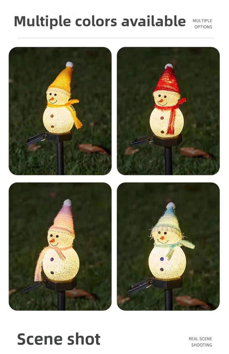 Four variations of solar powered outdoor Christmas snowman lights shown in a garden setting.