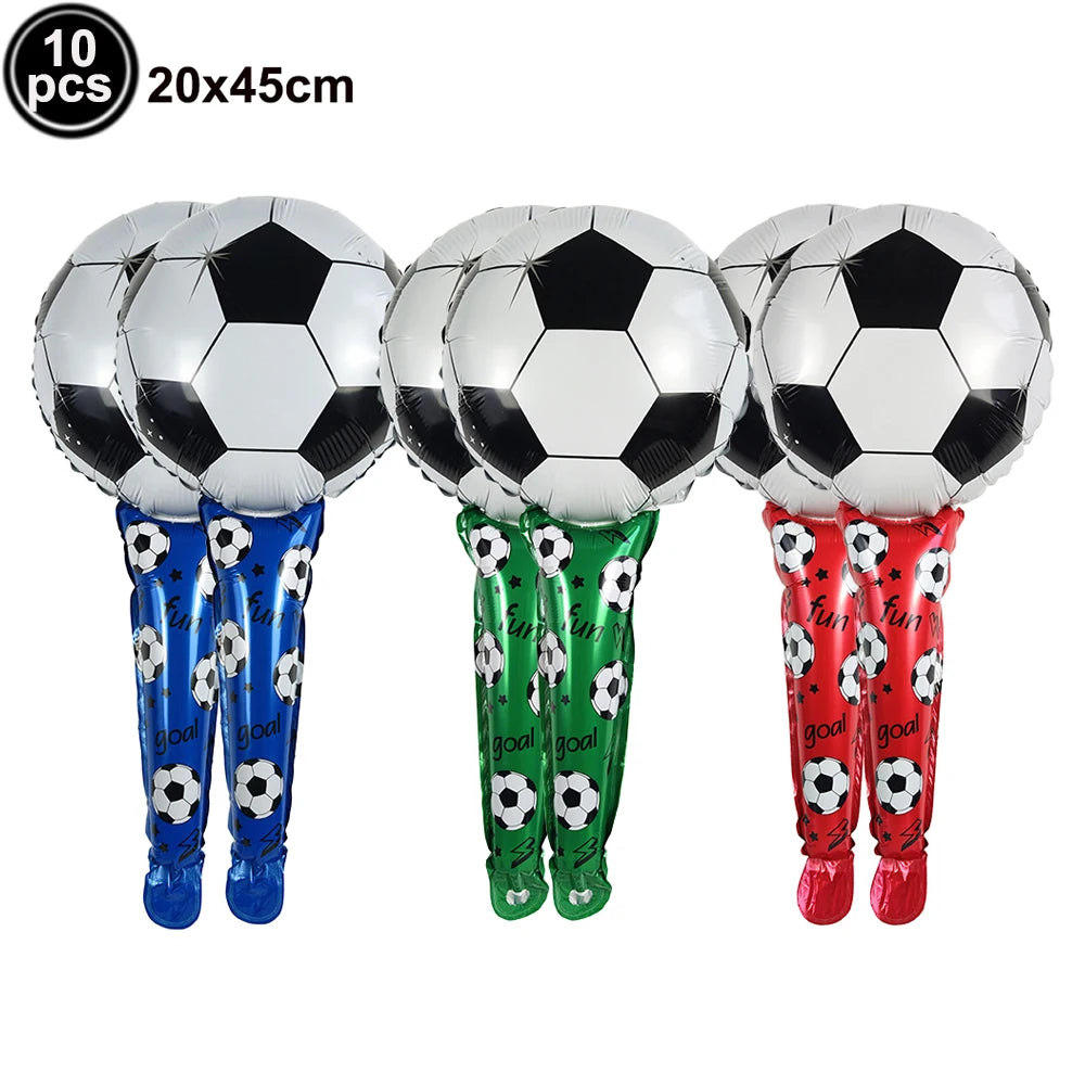 A pack of ten silver soccer ball balloons with colorful fabric feet for party decorations