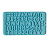 A silicone mold set with alphabet letters and numbers molded into a light blue tray for baking