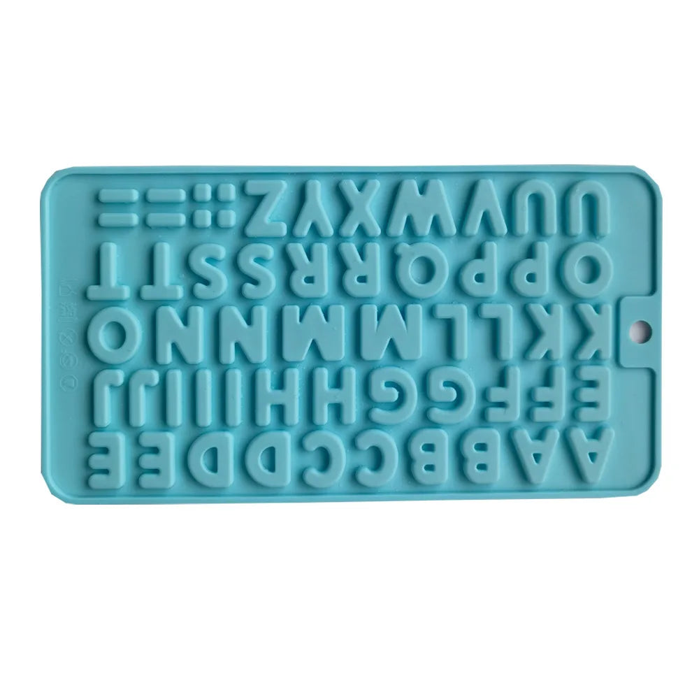 A silicone mold set with alphabet letters and numbers molded into a light blue tray for baking