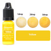 A bottle of yellow liquid colorant with three dropper sizes labeled 1 drop, 2 drop, and 3 drop.