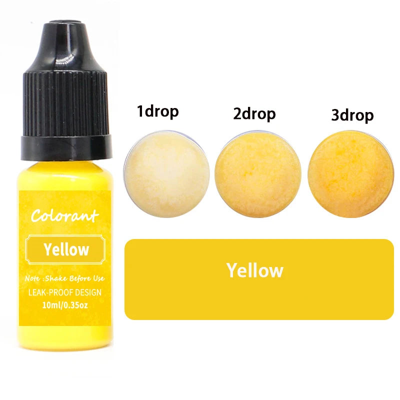 A bottle of yellow liquid colorant with three dropper sizes labeled 1 drop, 2 drop, and 3 drop.