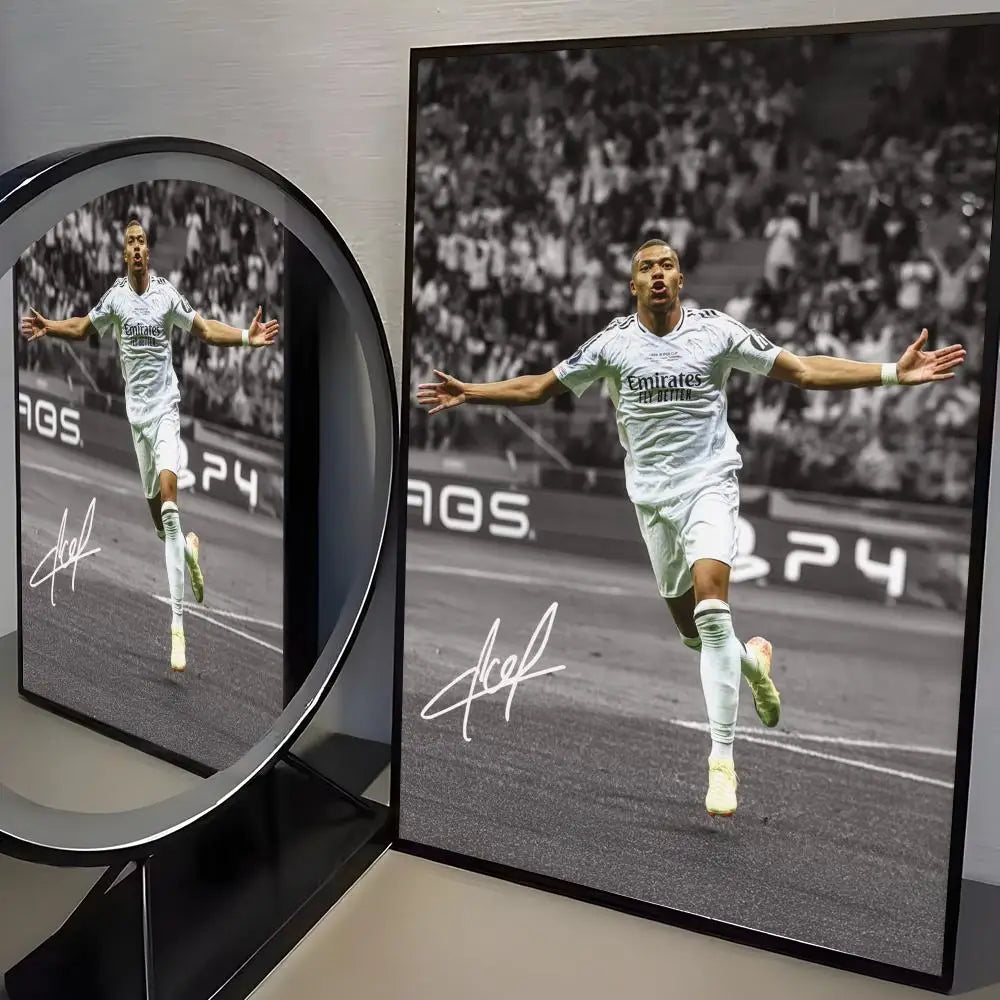 Black and white wall art poster featuring a dynamic photo of a soccer player in action.