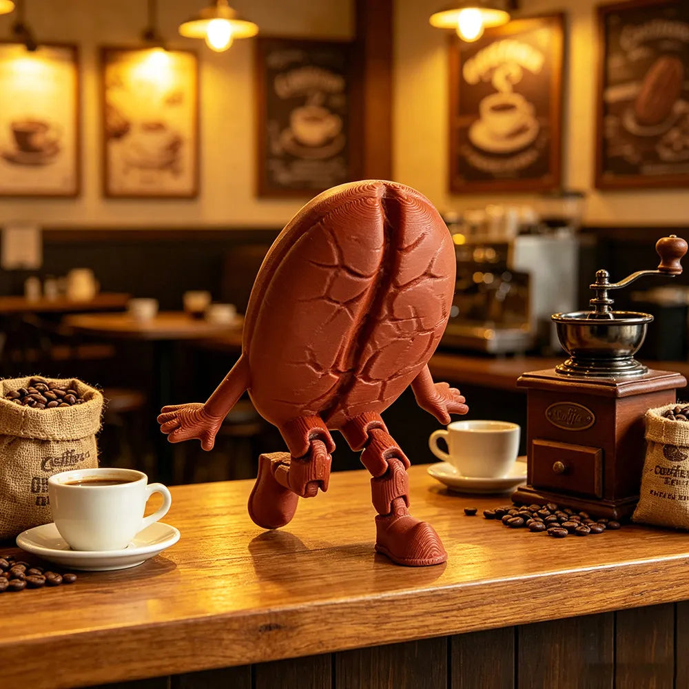 A 3D printed coffee bean cup figurine with articulated joints sitting on a wooden counter in a cafe setting.