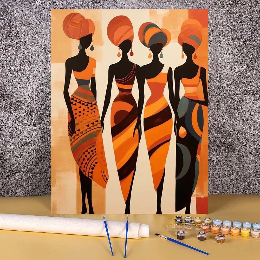 A painting by numbers kit showing an African woman portrait in orange and black tones.