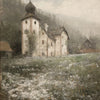 A misty oil painting of a white church and surrounding trees in a field covered with white daisies.