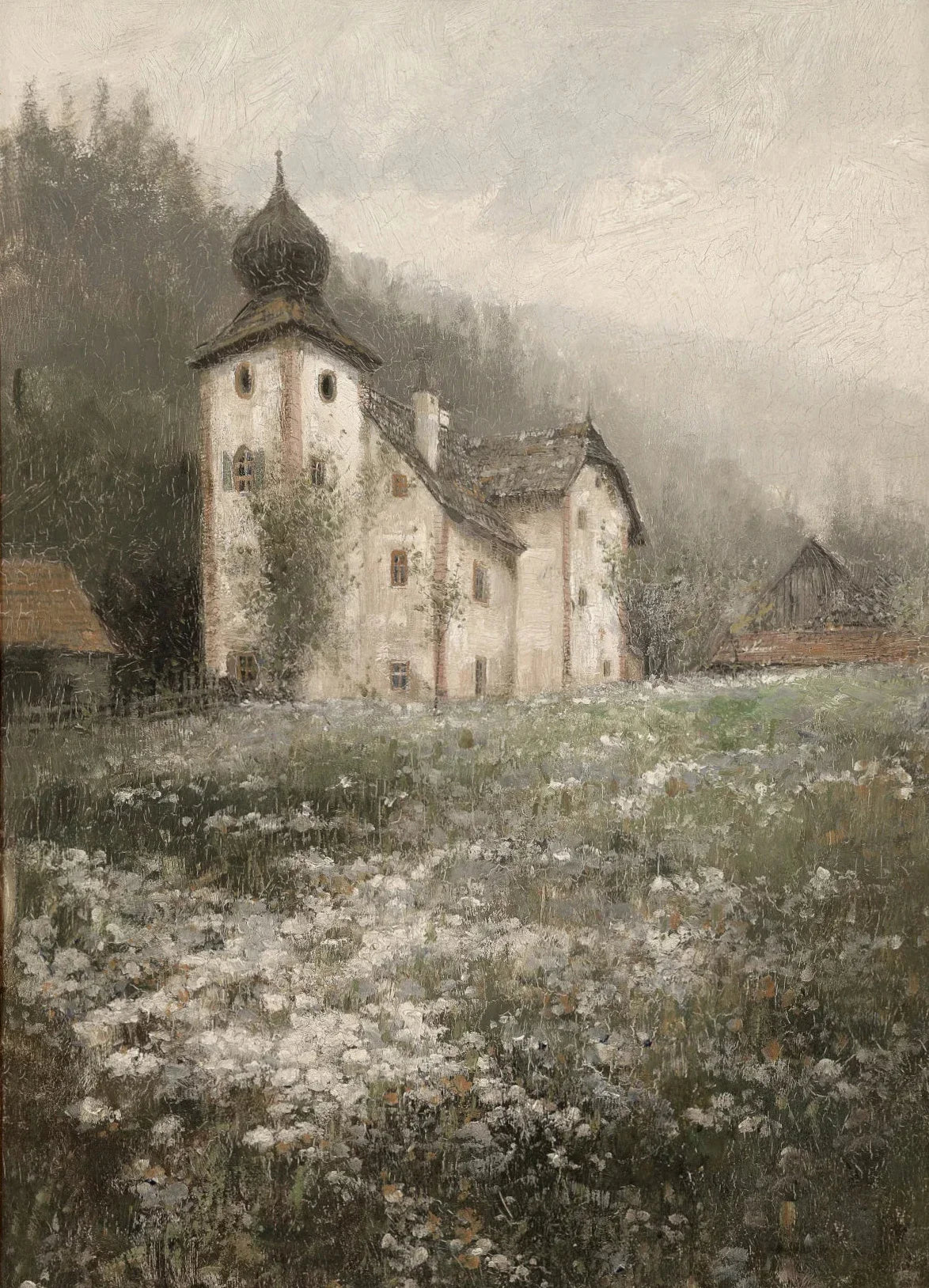 A misty oil painting of a white church and surrounding trees in a field covered with white daisies.