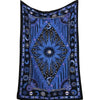 A dark blue and black bohemian mandala tapestry wall hanging featuring intricate star patterns and geometric designs.