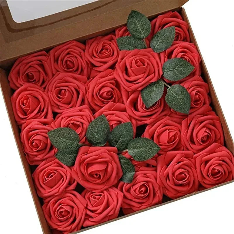 A box filled with bright red lifelike foam roses for wedding and home décor.