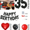A set of red and black foil number balloons, heart shaped balloons, and round balloons for birthday decorations.