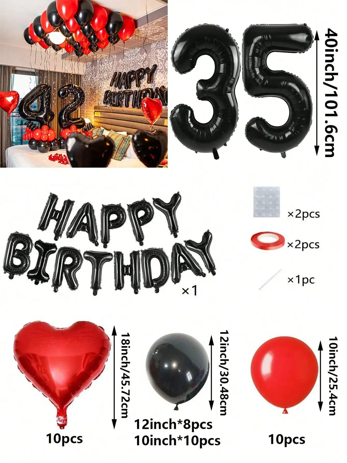 A set of red and black foil number balloons, heart shaped balloons, and round balloons for birthday decorations.
