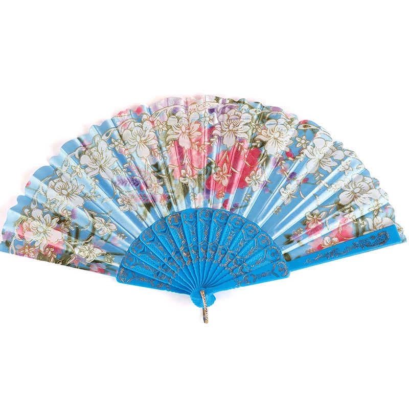 A blue silk folding fan decorated with floral patterns for weddings and events.