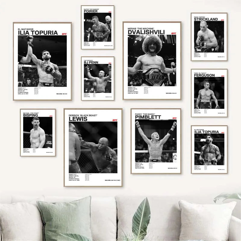 Colección de arte en lienzo con retratos y fotos de leyendas del boxeo como Ilia Topuria, Dvalishvili y Ferguson