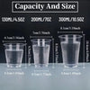 A display showing various sizes of disposable transparent plastic cups labeled by capacity and dimensions.