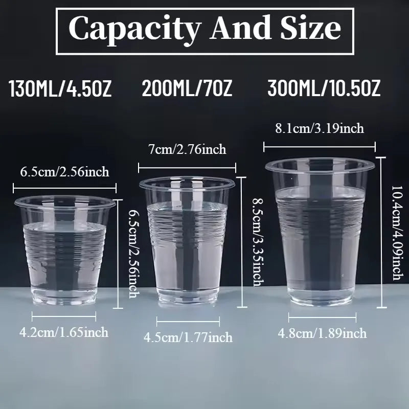 A display showing various sizes of disposable transparent plastic cups labeled by capacity and dimensions.