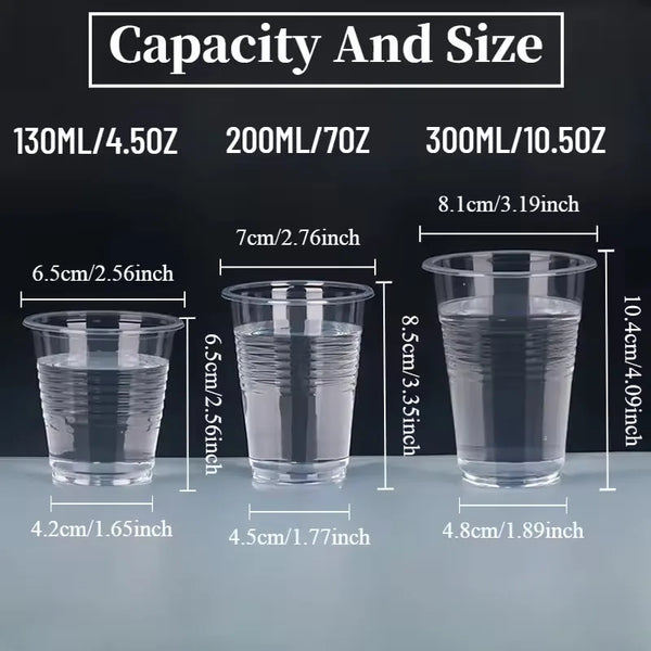 A display showing various sizes of disposable transparent plastic cups labeled by capacity and dimensions.