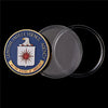 Gold-plated CIA challenge coin with a eagle design and protective clear plastic case