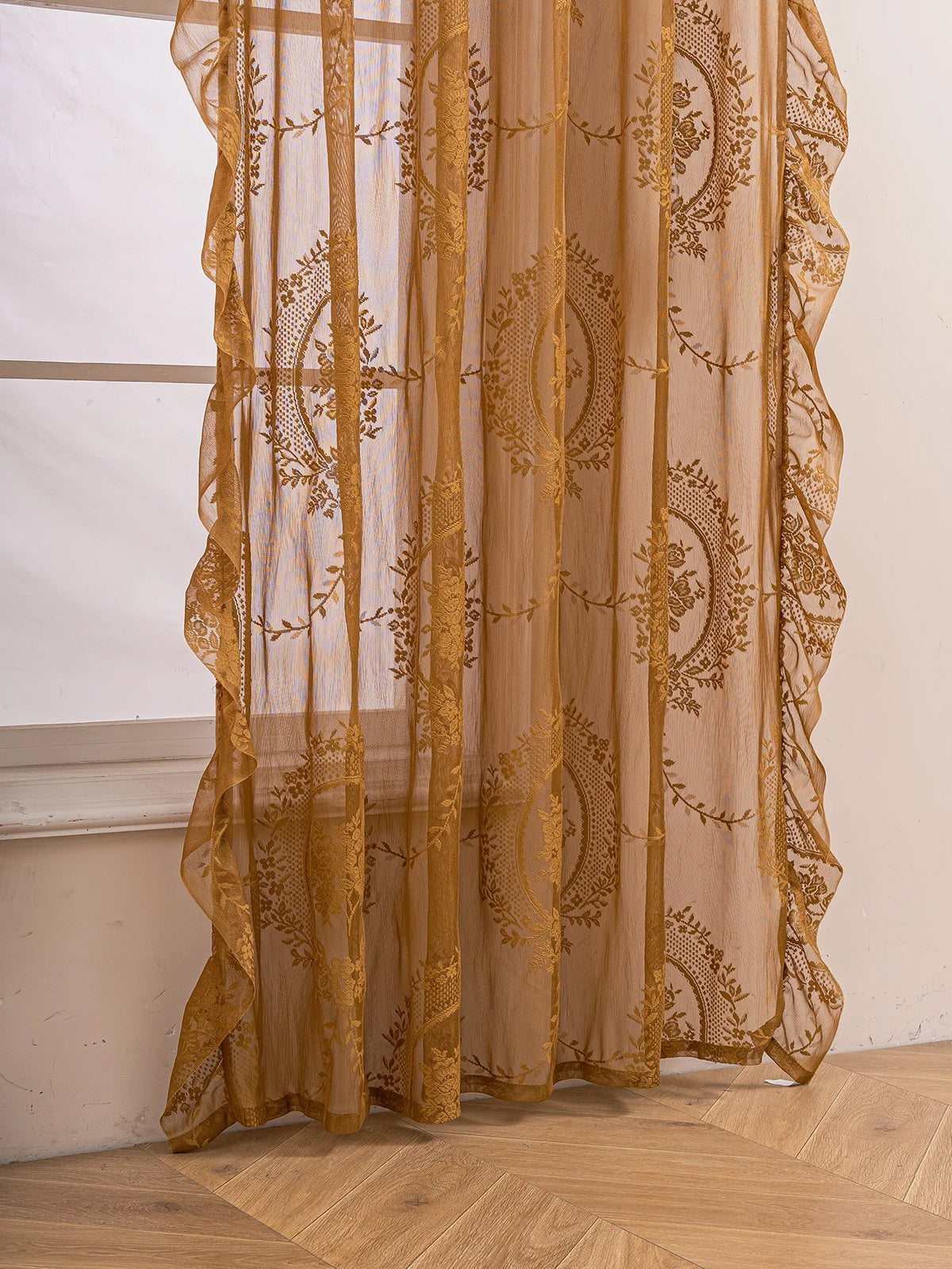 Vintage Golden Floral Lace Sheer Curtains with Ruffled Edge