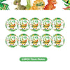 A set of ten circular plates featuring dinosaur and floral designs for a birthday party.