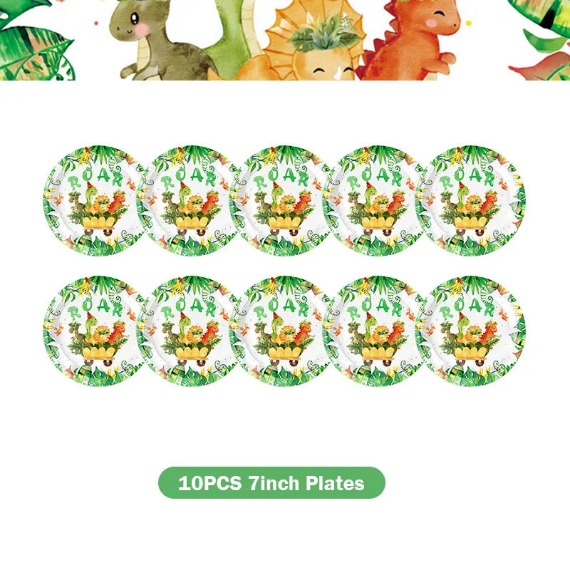 A set of ten circular plates featuring dinosaur and floral designs for a birthday party.