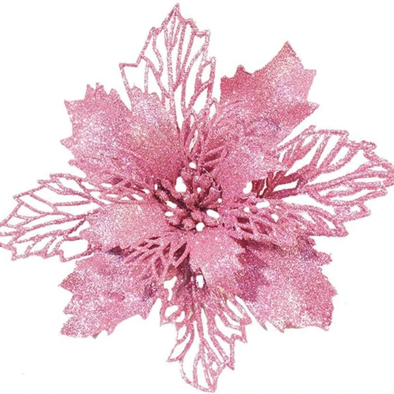 Pink silk artificial Christmas flowers with a gold sparkle finish