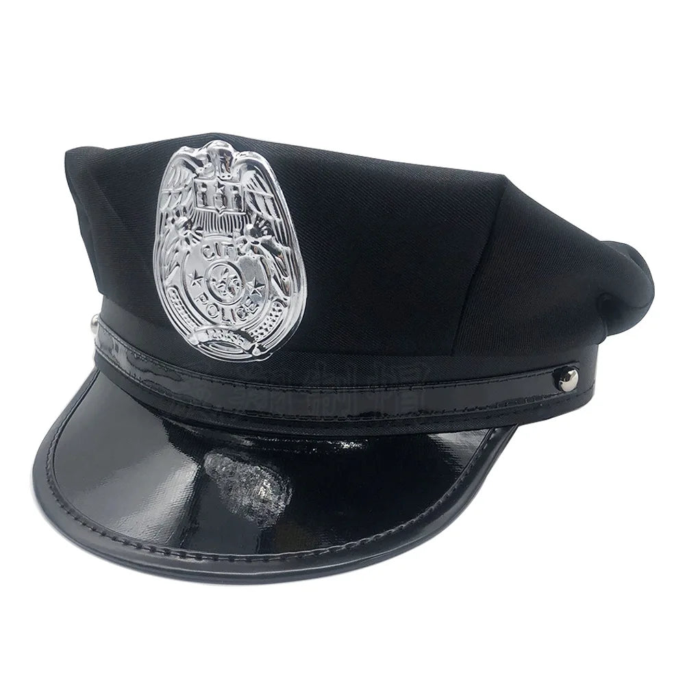 Black police officer costume hat featuring a silver octagonal crown emblem