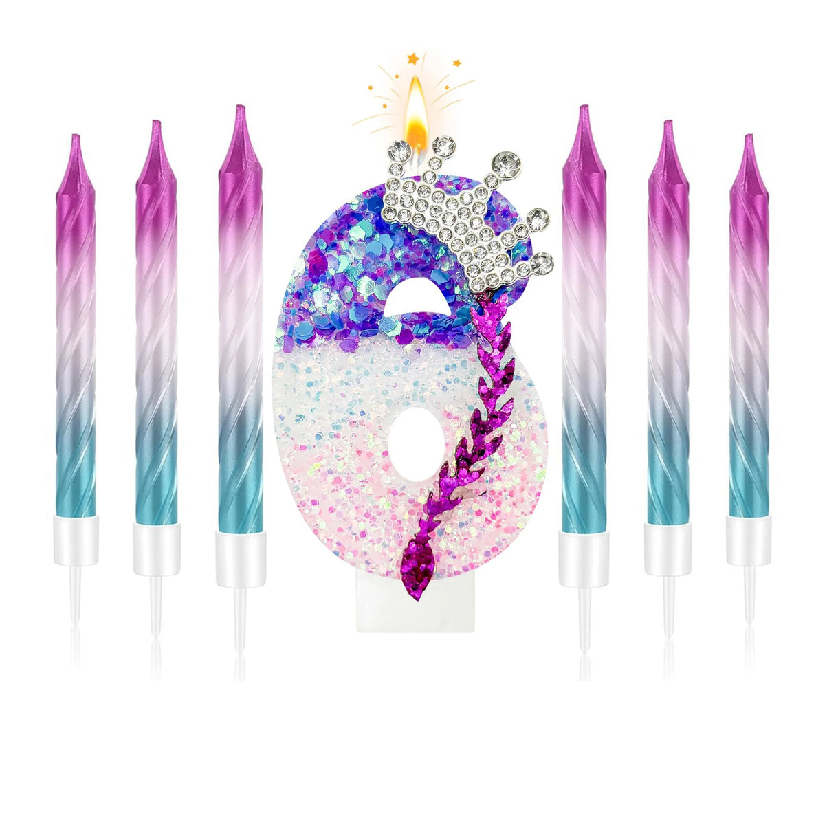 A set of gradient sparkle number birthday candles from 0 to 9 with a glitter crown topper.