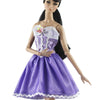 A handmade doll dress gown featuring a purple skirt and white floral bodice for an 11.5-inch doll.