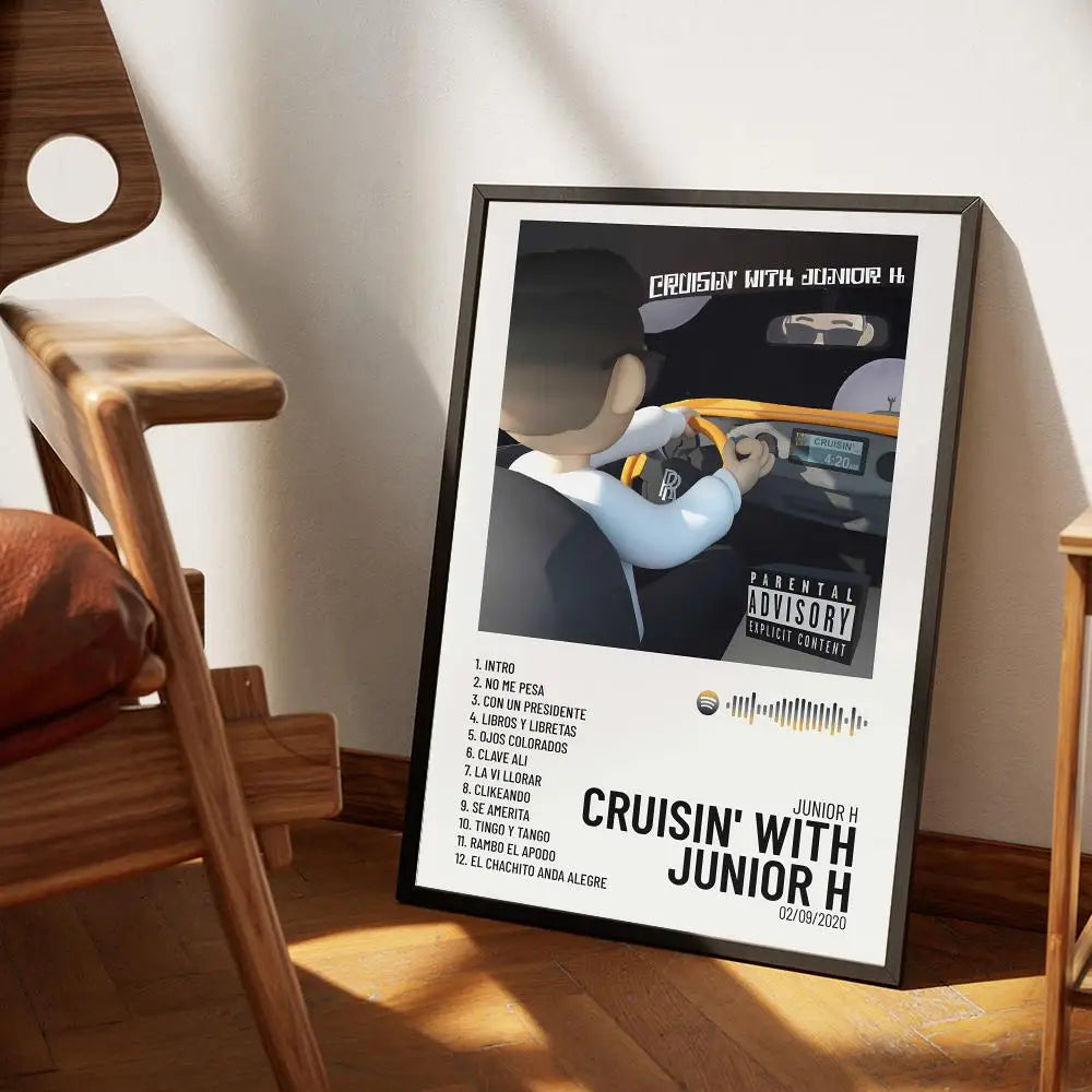 Framed canvas wall art featuring a photo of a person playing a guitar with the title Cruisin' with Junior H
