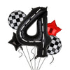 Black foil balloon shaped like the number 4 with checkered pattern and a red star balloon