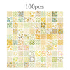 A grid of 100 vintage paper patterns featuring floral, geometric, and nature motifs in yellow, green, and pastel tones.