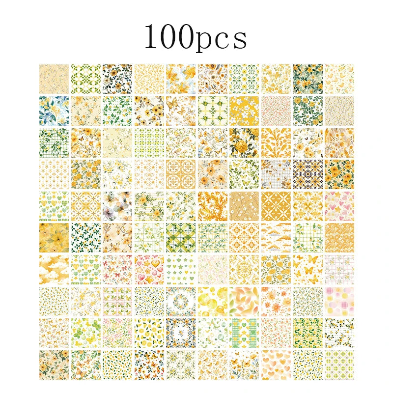 A grid of 100 vintage paper patterns featuring floral, geometric, and nature motifs in yellow, green, and pastel tones.