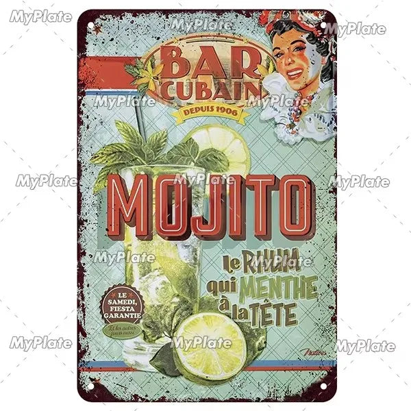 Retro bar metal sign decoration featuring a vintage style illustration of a mojito