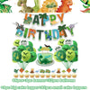 Dinosaur birthday party supplies kit including a banner, balloons, and cake toppers for a celebration