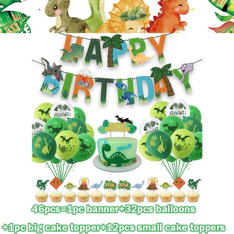 Dinosaur birthday party supplies kit including a banner, balloons, and cake toppers for a celebration