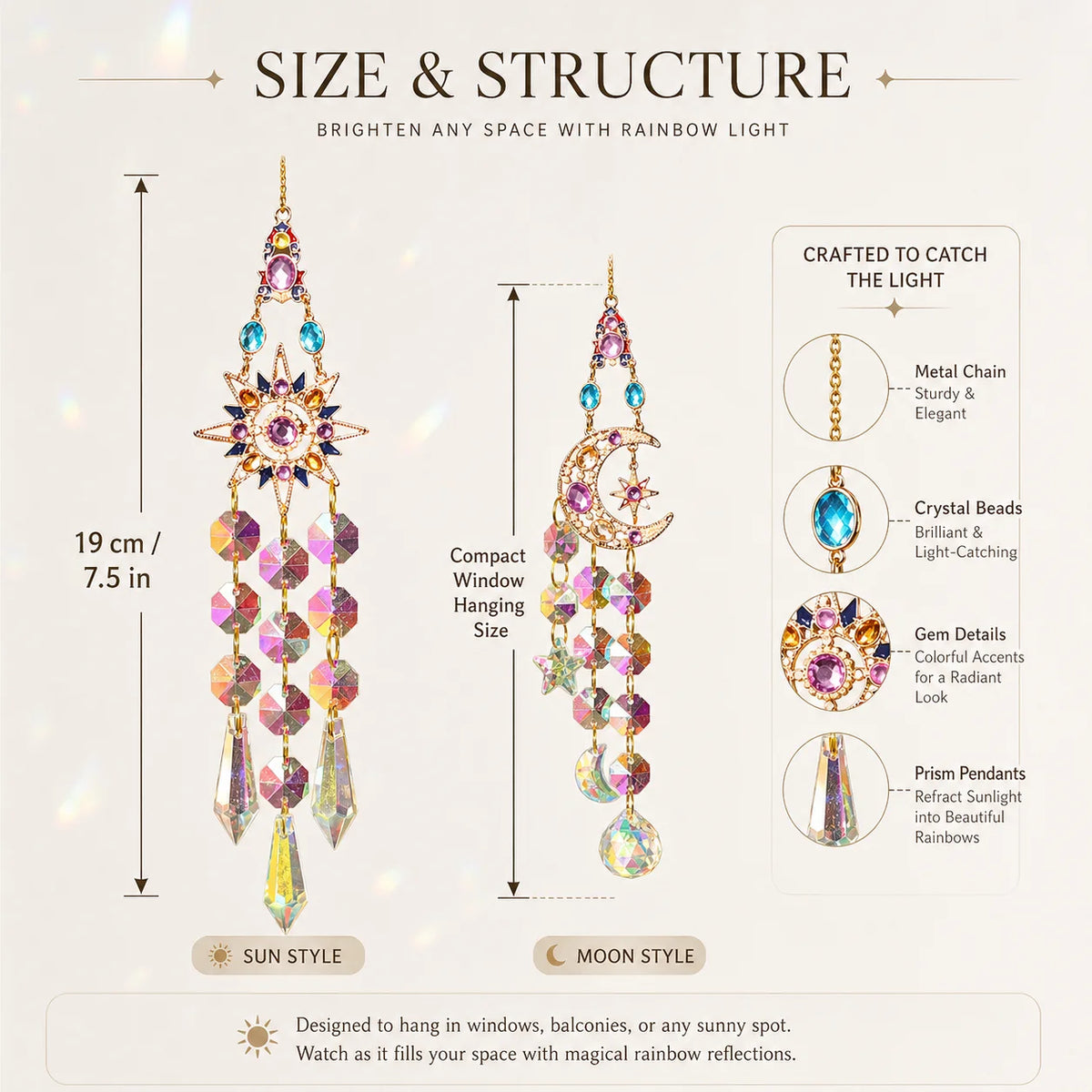 A set of crystal window hanging pendants featuring sun and moon styles for light refraction