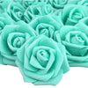 A close-up view of artificial foam rose decorations in a mint green color.