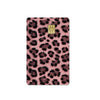 A close-up of a card cover featuring a brown and black leopard print design with a gold embossed logo.