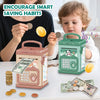 A child is shown interacting with an electronic ATM piggy bank for kids, surrounded by coins and paper money.