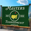 Banner verde oscuro con texto blanco que dice Masters Est 1934 Torneo Augusta GA.