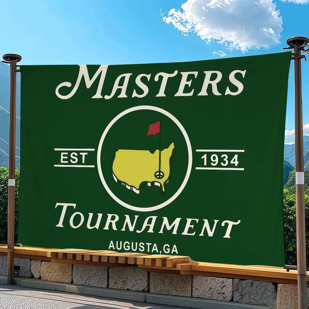Banner verde oscuro con texto blanco que dice Masters Est 1934 Torneo Augusta GA.