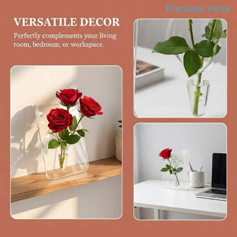A clear acrylic frame flower vase holding a red rose on a wooden surface.