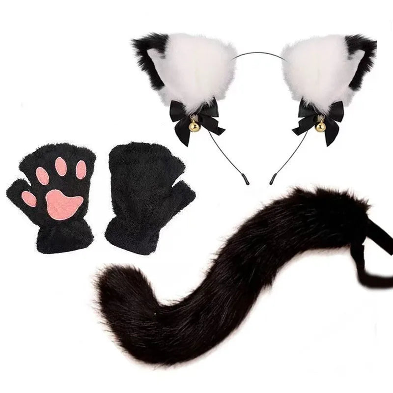 Black furry cat ear headband and tail costume set with pink paw print hand and black fur boa