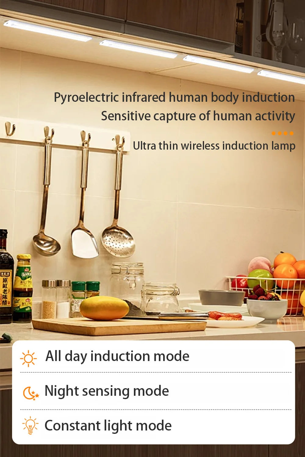 A close-up of a pyroelectric infrared induction lamp mounted under a cabinet, showing various light modes.
